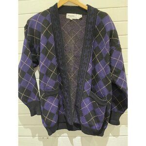 Vintage Magnolia Wool purple black Block Argyle 80s Sz M Cardigan Jacket heavy